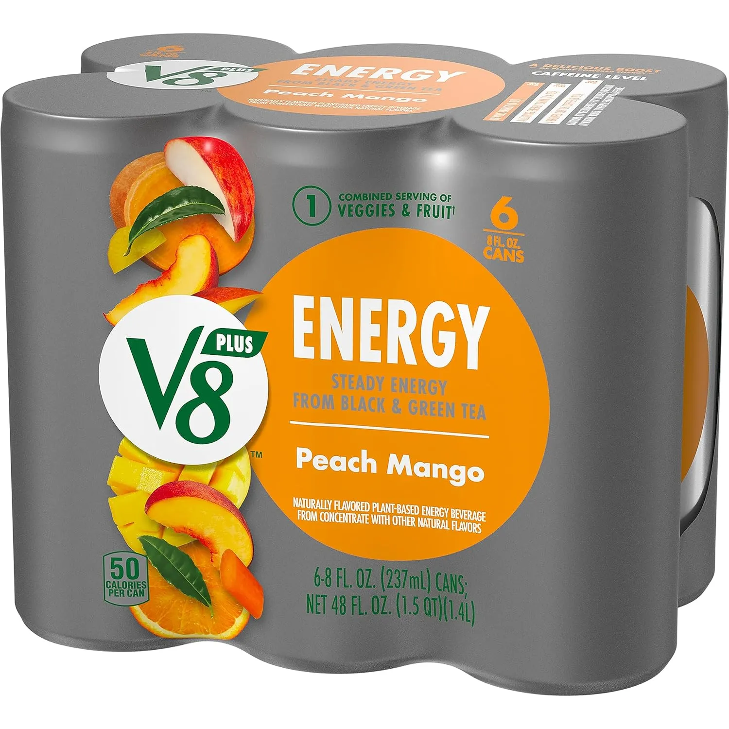 V8  Energy Peach Mango Juice Energy Drink, 8 fl oz Can (24 Pack)