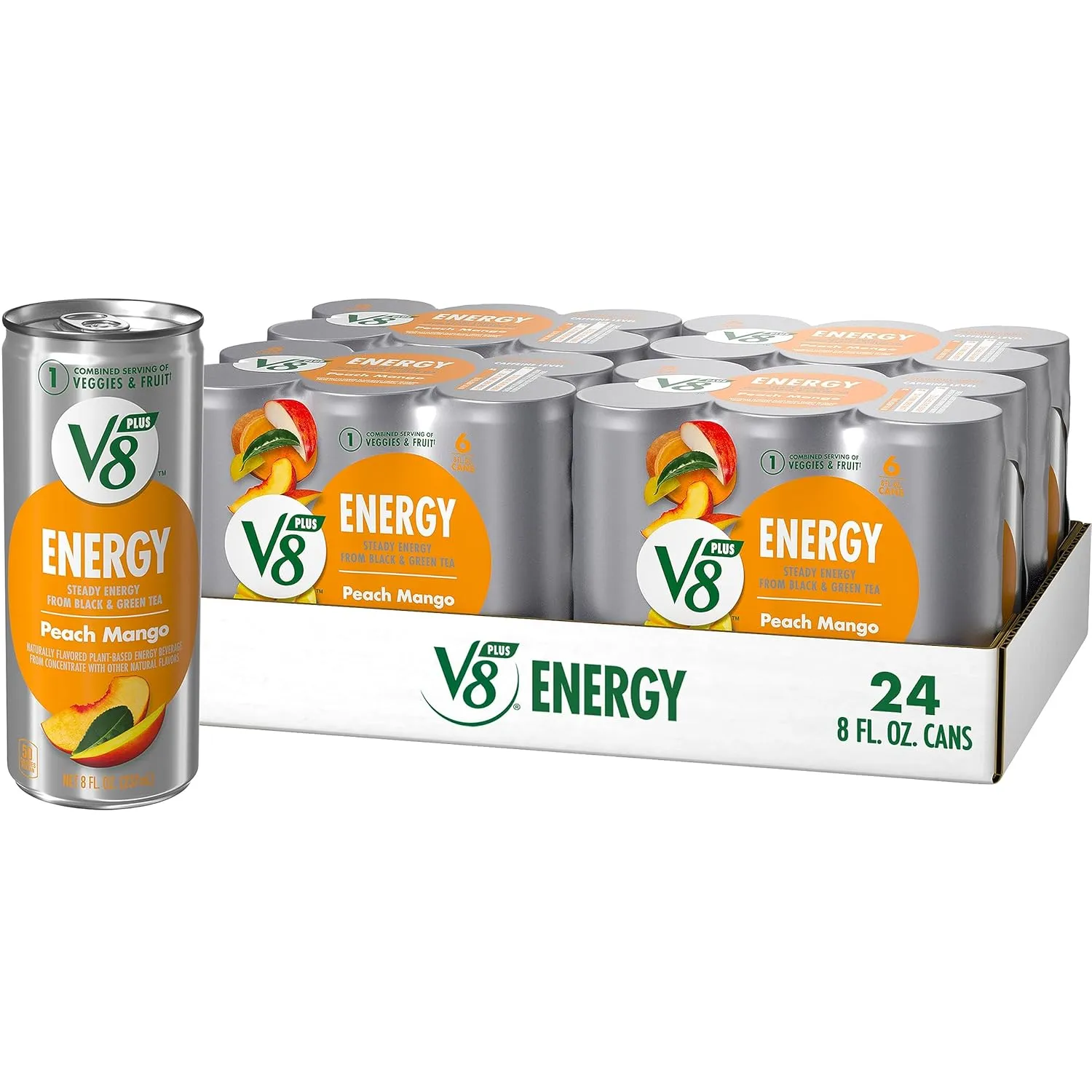 V8  Energy Peach Mango Juice Energy Drink, 8 fl oz Can (24 Pack)