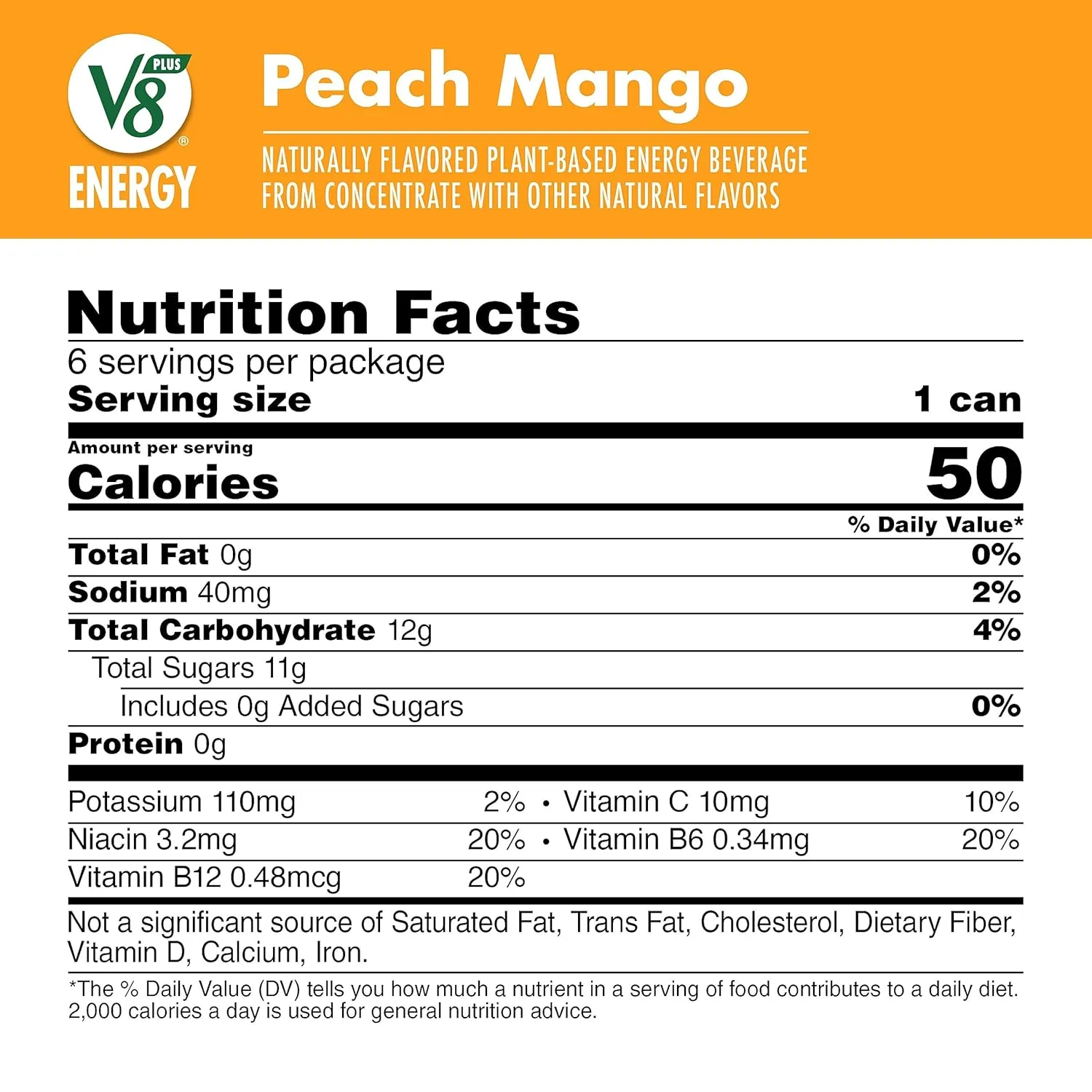 V8  Energy Peach Mango Juice Energy Drink, 8 fl oz Can (24 Pack)