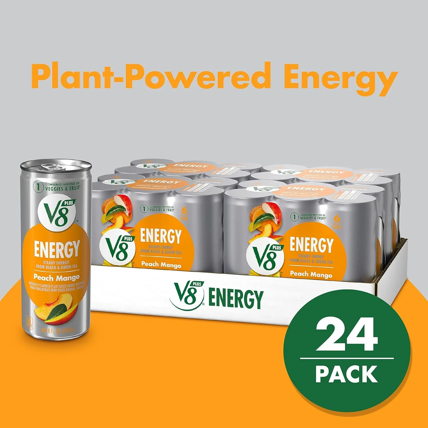 V8  Energy Peach Mango Juice Energy Drink, 8 fl oz Can (24 Pack)