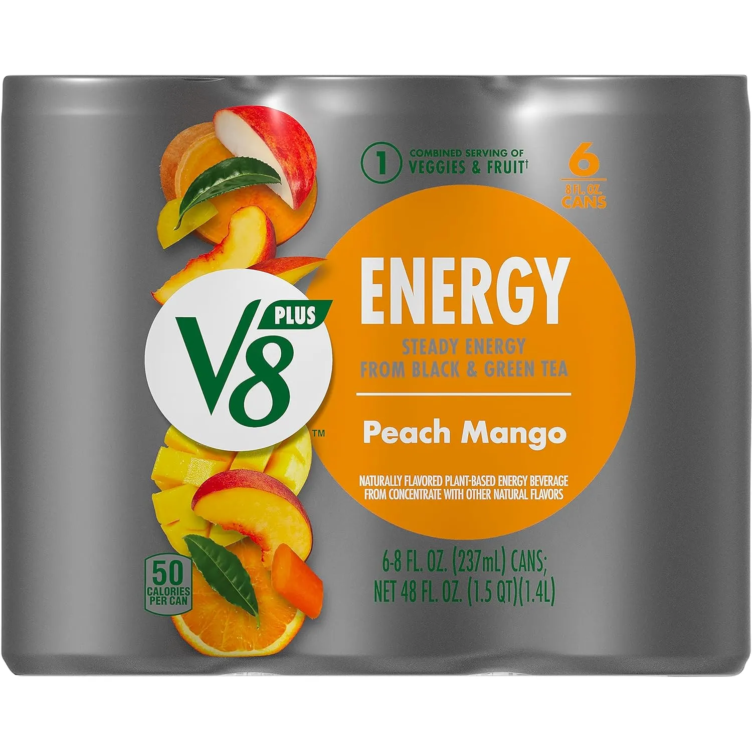 V8  Energy Peach Mango Juice Energy Drink, 8 fl oz Can (24 Pack)