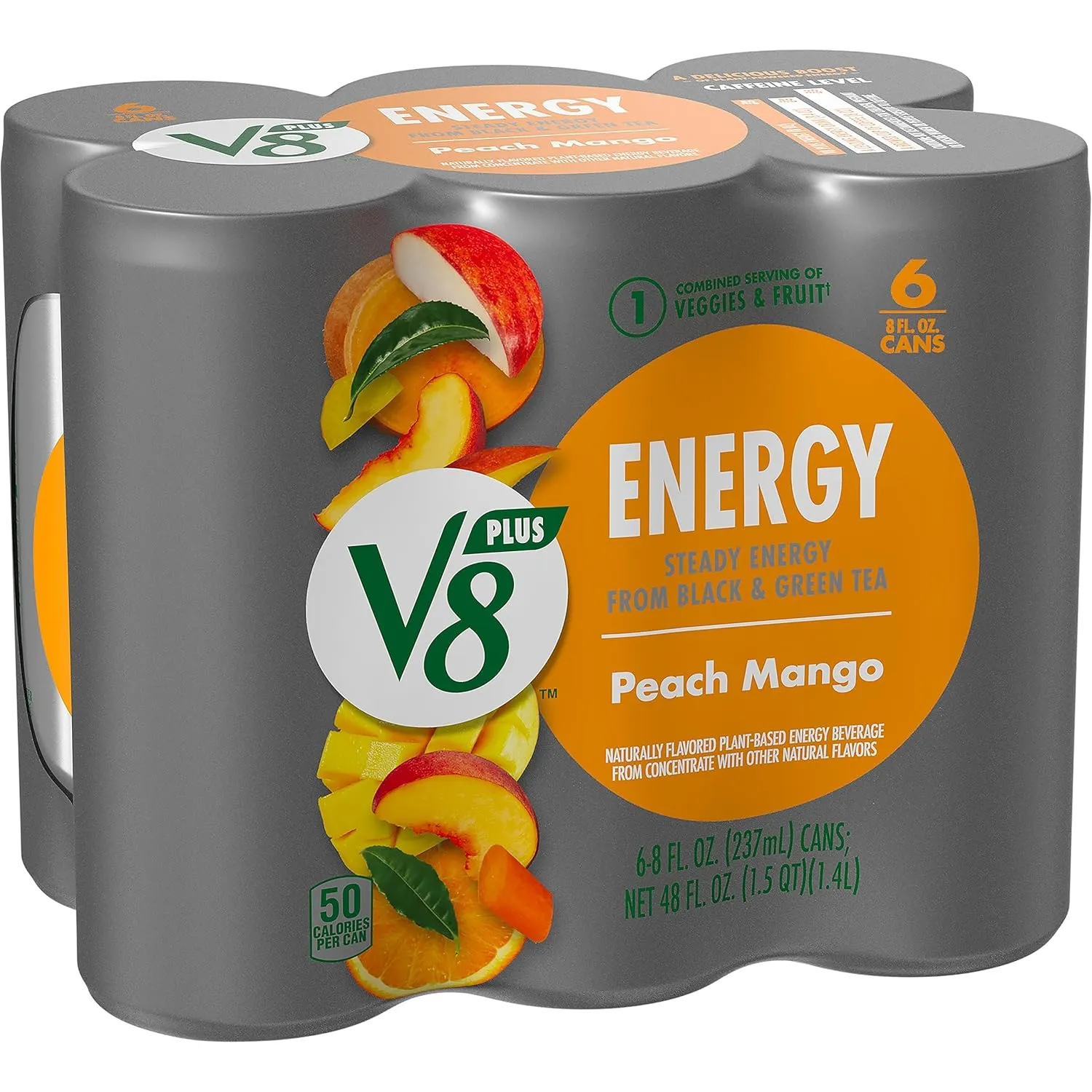 V8  Energy Peach Mango Juice Energy Drink, 8 fl oz Can (24 Pack)