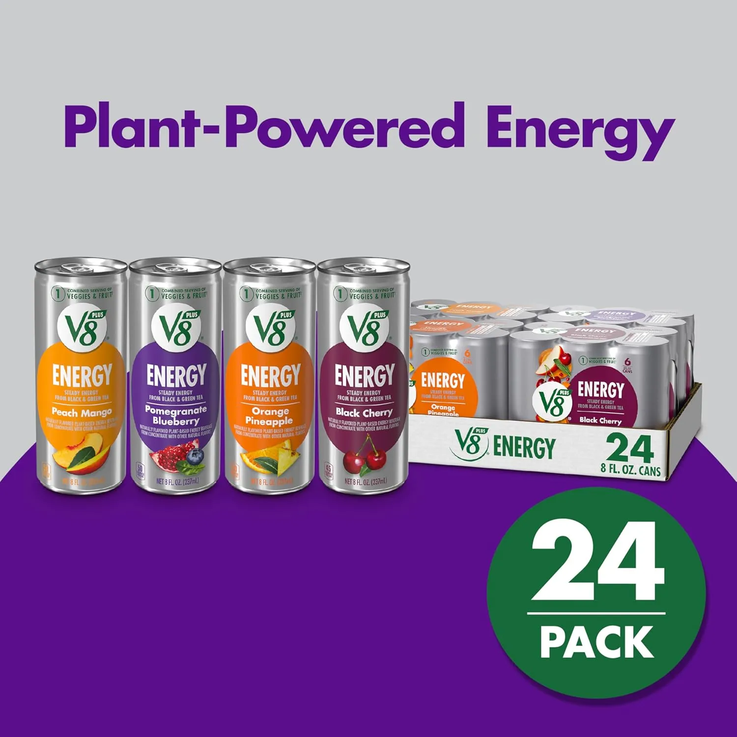 V8  Energy Peach Mango, Orange Pineapple, Black Cherry and Pomegranate Blueberry Juice Energy Drinks, 8 fl oz Can (24 Pack)