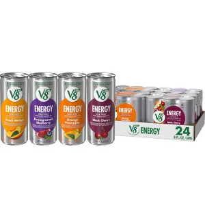 V8  Energy Peach Mango, Orange Pineapple, Black Cherry and Pomegranate Blueberry Juice Energy Drinks, 8 fl oz Can (24 Pack)