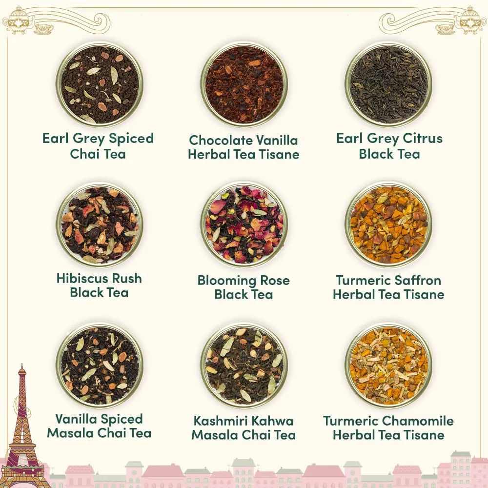 VAHDAM, Weekend in Paris Tea Gift Set - 9 Assorted Teas | Travel Edition Gift Box | Natural Ingredients Luxury Tea Set | Gluten Free, Non-GMO
