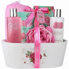 Valentine's Day Bath And Body Relaxing Spa Kit , Women and Teens, Gift Set Bath And Body Works- Natural English Rose Spa Gift Basket Includes Shower Gel, Bubble Bath, Body Lotion, Bath Salt, Sponge