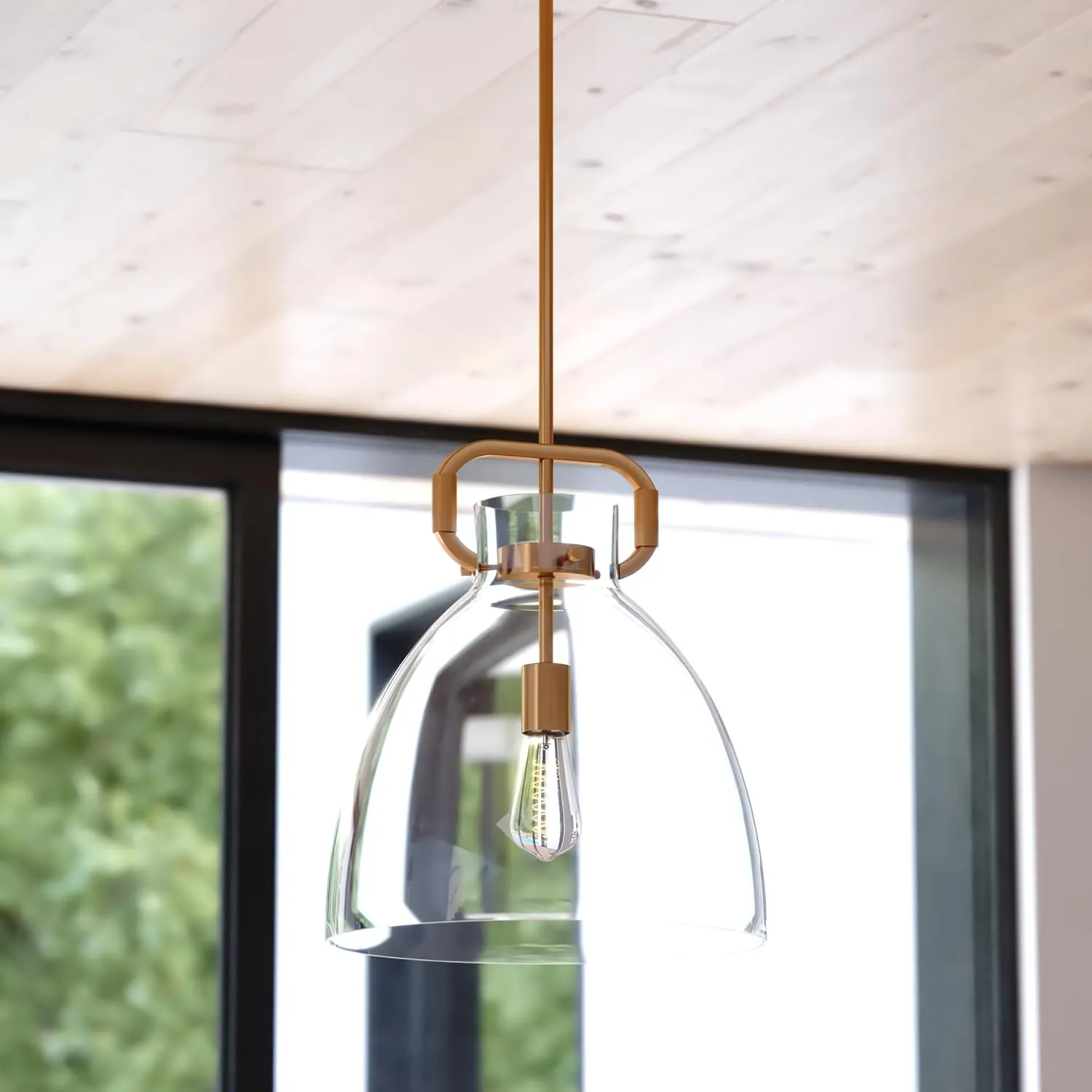 VAXCEL Madrona 1 Light Contemporary Pendant, Industrial Style Mounted Ceiling Lighting, Gold Muted Brass Finish, Clear Glass