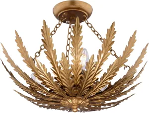 VAXCEL Ozette 18-Inch Heritage Semi Flush Mount Ceiling Light Fixture with Leaf Motif, Gold Finish, Dimmable Ceiling Mounted Lighting