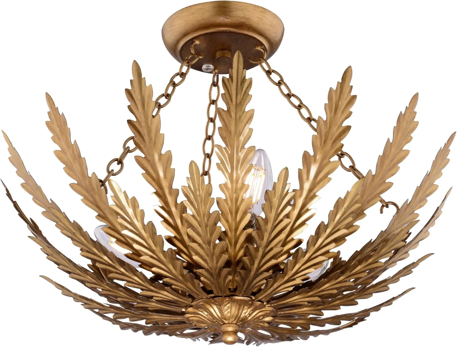 VAXCEL Ozette 18-Inch Heritage Semi Flush Mount Ceiling Light Fixture with Leaf Motif, Gold Finish, Dimmable Ceiling Mounted Lighting