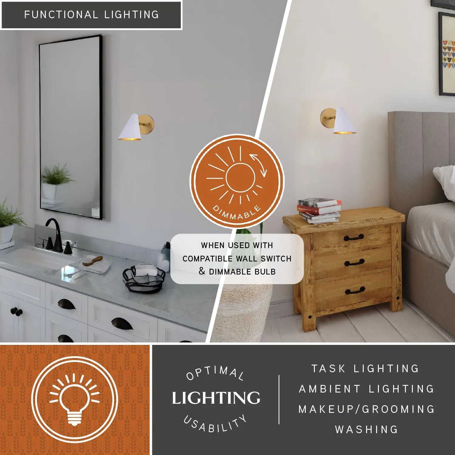 VAXCEL Pryce 1 Light Bathroom Lighting Fixture, Matte White and Satin Gold Finish, Mid-Century Modern Wall Sconce, Dimmable, Easy Installation