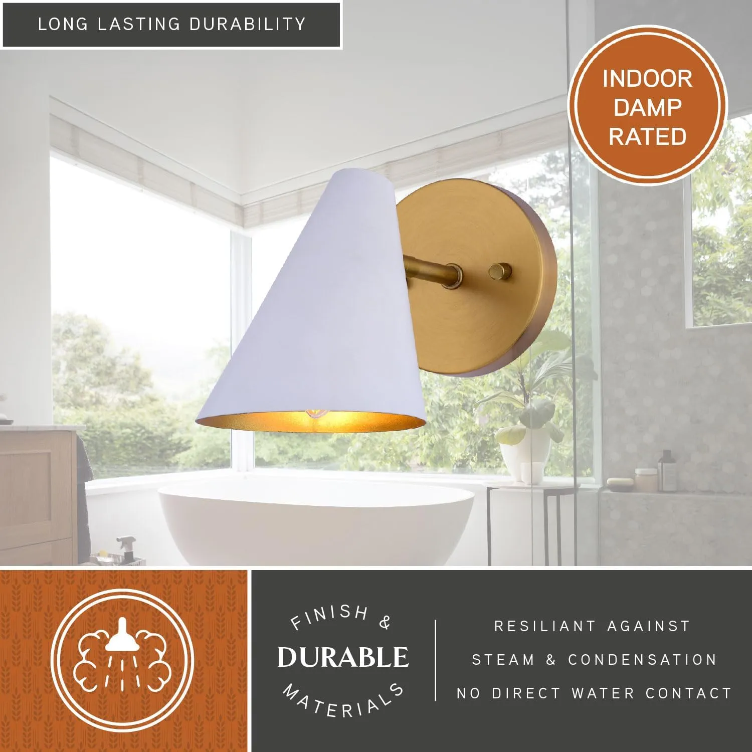 VAXCEL Pryce 1 Light Bathroom Lighting Fixture, Matte White and Satin Gold Finish, Mid-Century Modern Wall Sconce, Dimmable, Easy Installation