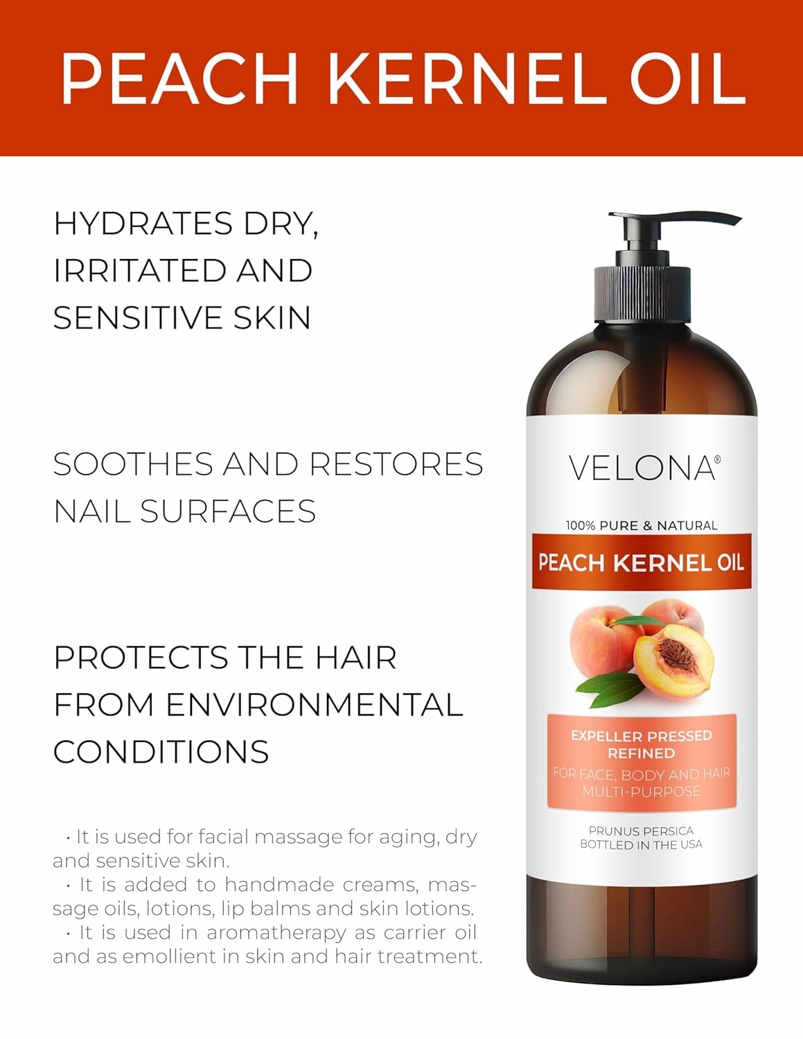 velona Peach Kernel Oil 32 Fl Oz | 100% Pure and Natural Carrier Oil | Refined, Cold pressed | Cooking, Skin, Hair, Body & Face Moisturizing | Use Today - Enjoy Results