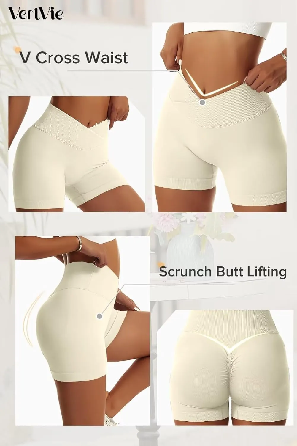 Vertvie 2 Pack Workout Gym Shorts for Women High Waisted Booty V Cross Biker Shorts Scrunch Butt Athletic Yoga Shorts