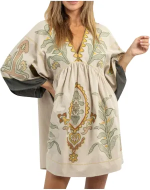 Vestidos Casuales para Mujer Womens Boho Mini Dress 2024 Fall 3/4 Sleeve V Neck Vintage Print Babydoll Dresses