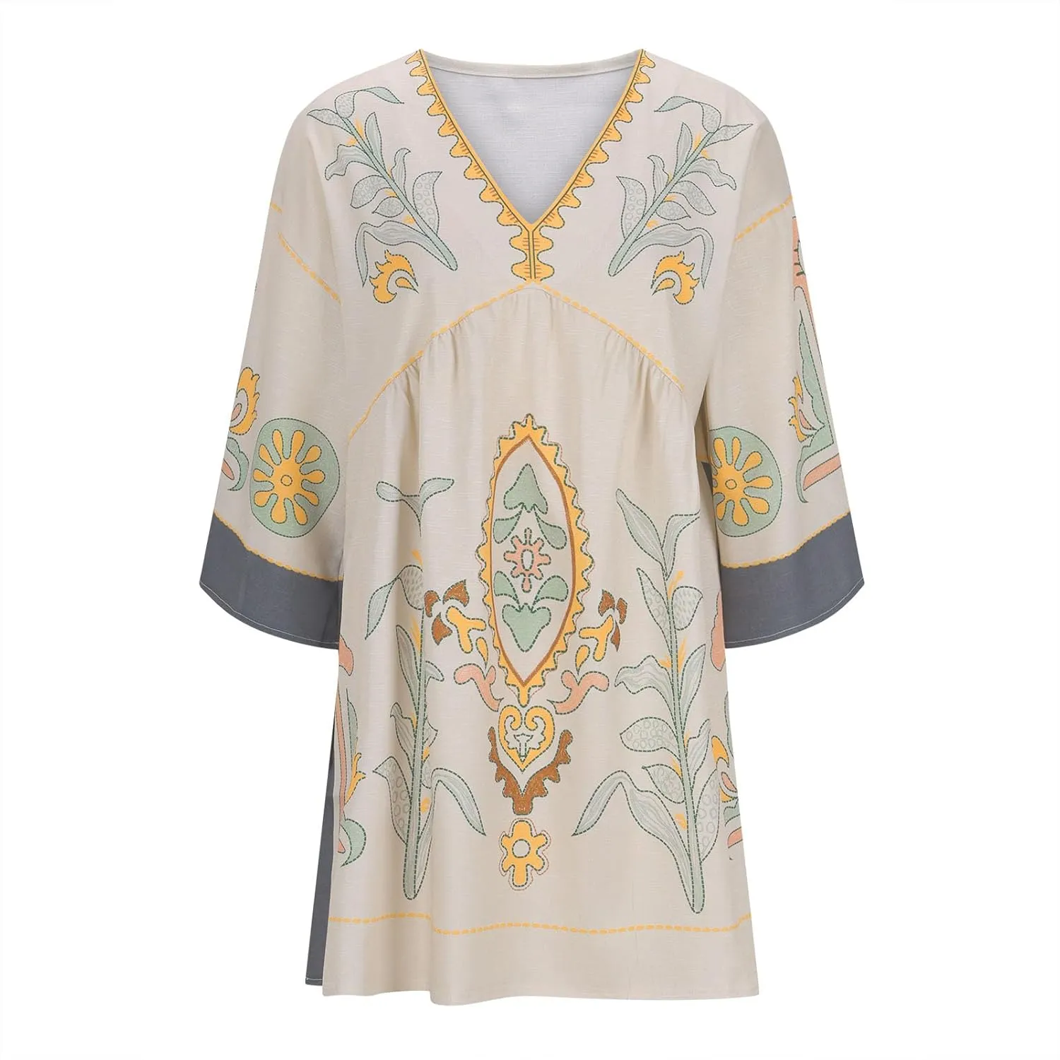 Vestidos Casuales para Mujer Womens Boho Mini Dress 2024 Fall 3/4 Sleeve V Neck Vintage Print Babydoll Dresses