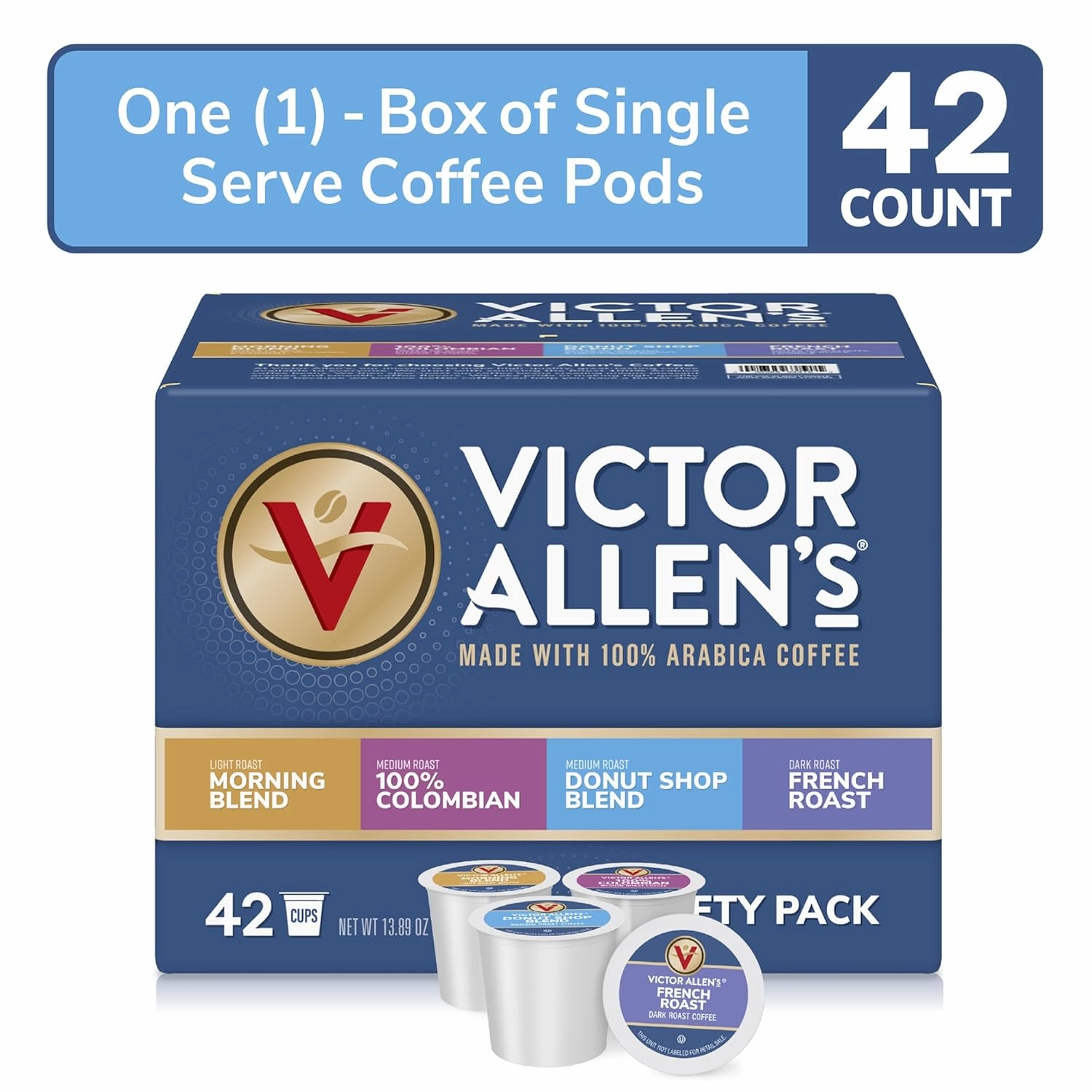 Victor Allen's Coffee Variety Pack (Morning Blend, 100% Colombian, Donut Shop Blend, French Roast), 42 Count, Single Serve Coffee Pods for Keurig K-Cup Brewers