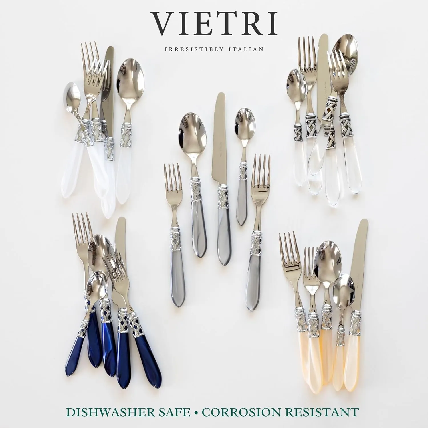 Vietri Aladdin Brilliant White 5-Piece Place Setting, 18/10 Stainless Steel Forks Spoons & Knife