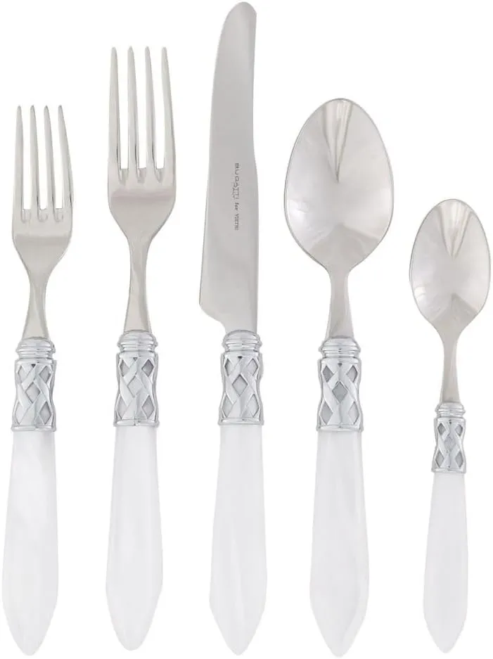 Vietri Aladdin Brilliant White 5-Piece Place Setting, 18/10 Stainless Steel Forks Spoons & Knife