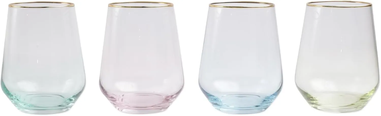 Vietri Rainbow Assorted Stemless Wine Glasses, Set of 4, 14 oz, Wine Glasses, Modern Glassware