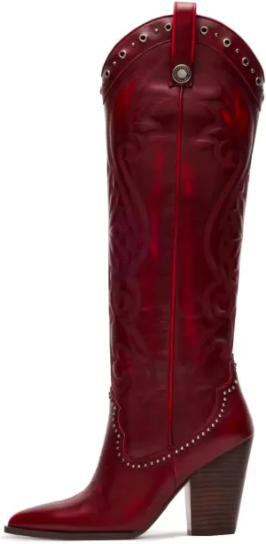 Vintage Embroidered Cowboy Boots Women Knee High Western Boots Suede High Chunky Stacked Heel Pointed Toe Tall Cowgirl Boots Satin Studded Combat Boot Pull On Fall Winter Dressy 4-11 M US