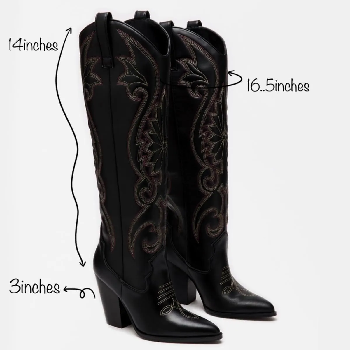 Vintage Embroidered Cowboy Boots Women Knee High Western Boots Suede High Chunky Stacked Heel Pointed Toe Tall Cowgirl Boots Satin Studded Combat Boot Pull On Fall Winter Dressy 4-11 M US