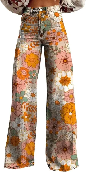 Vintage Printed Wide Leg Pants for Women Casual Floral Print Palazzo Pants High Waisted Bootcut Imitation Denim Pants