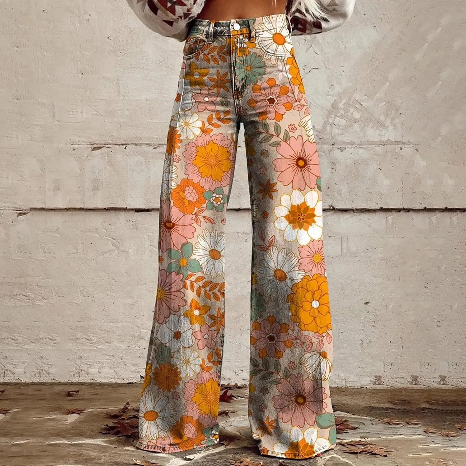 Vintage Printed Wide Leg Pants for Women Casual Floral Print Palazzo Pants High Waisted Bootcut Imitation Denim Pants