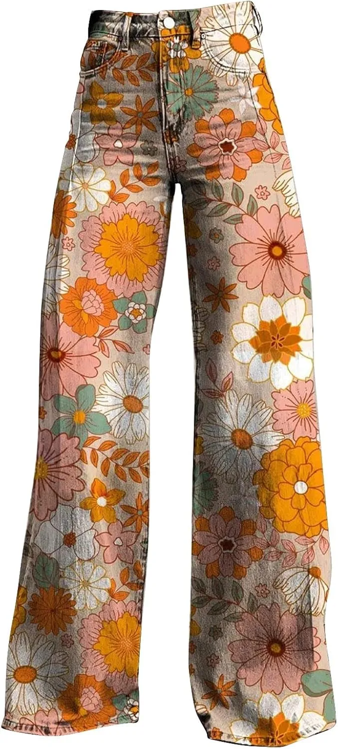 Vintage Printed Wide Leg Pants for Women Casual Floral Print Palazzo Pants High Waisted Bootcut Imitation Denim Pants