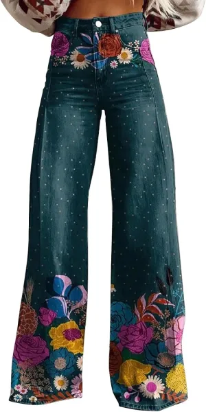 Vintage Printed Wide Leg Pants for Women Casual Floral Print Palazzo Pants High Waisted Bootcut Imitation Denim Pants