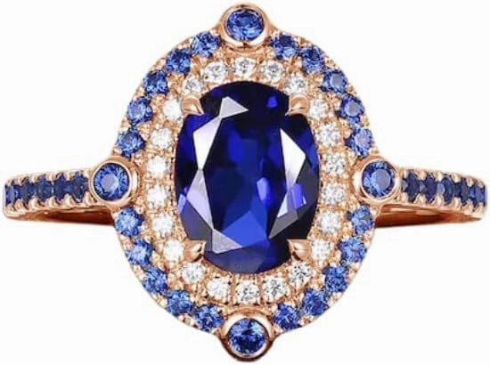 Vintage Oval Blue Sapphire Wedding Ring IN 14K Rose Gold Vermeil- Double Halo Diamond Ring- Unique Bridal Promise Ring- September Birthstone Ring