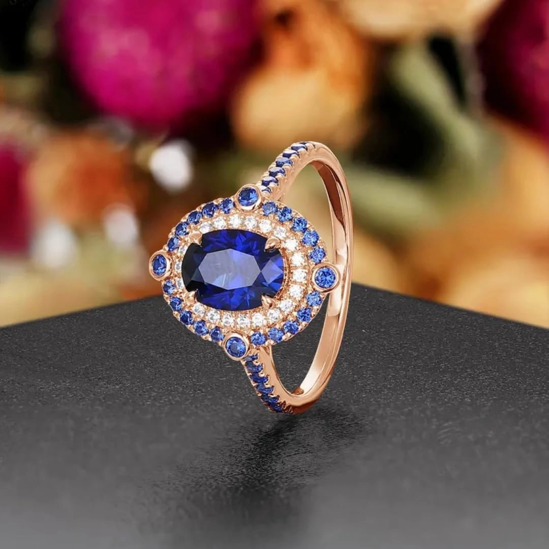 Vintage Oval Blue Sapphire Wedding Ring IN 14K Rose Gold Vermeil- Double Halo Diamond Ring- Unique Bridal Promise Ring- September Birthstone Ring