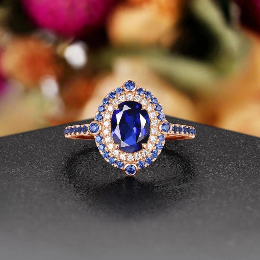 Vintage Oval Blue Sapphire Wedding Ring IN 14K Rose Gold Vermeil- Double Halo Diamond Ring- Unique Bridal Promise Ring- September Birthstone Ring