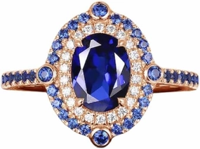 Vintage Oval Blue Sapphire Wedding Ring IN 14K Rose Gold Vermeil- Double Halo Diamond Ring- Unique Bridal Promise Ring- September Birthstone Ring