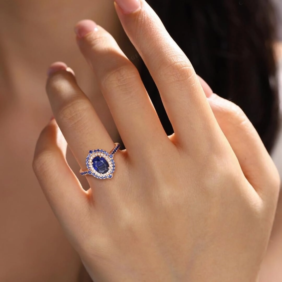 Vintage Oval Blue Sapphire Wedding Ring IN 14K Rose Gold Vermeil- Double Halo Diamond Ring- Unique Bridal Promise Ring- September Birthstone Ring