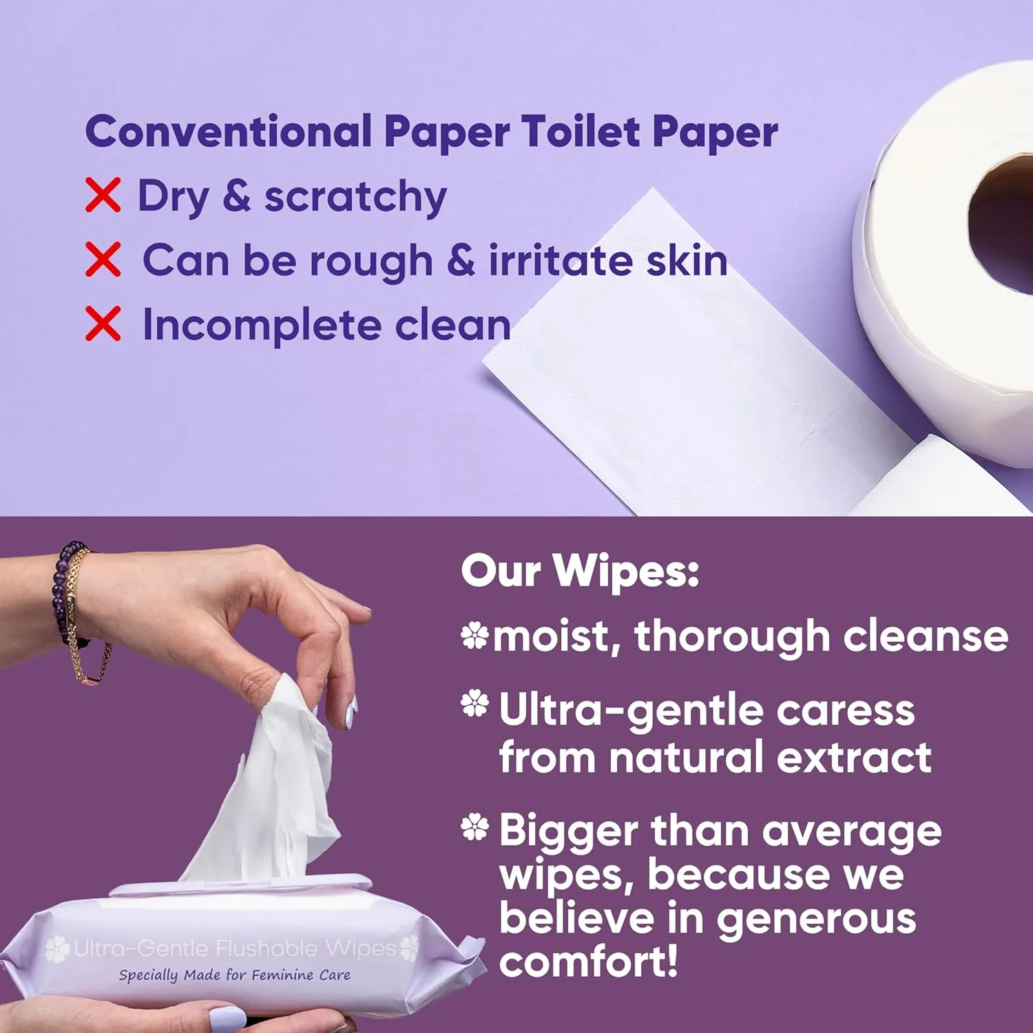 Violet Vibes Flushable Wipes for Women - Coconut Rose, 400 Count, Plant Based, Gentle on Sensitive Skin