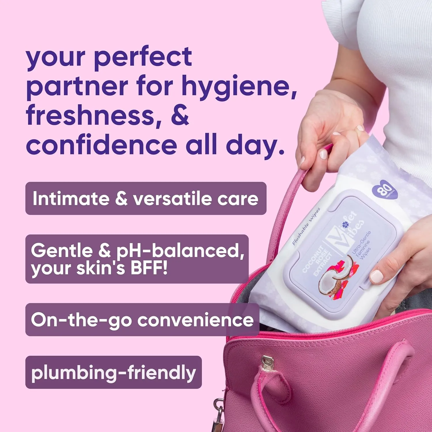 Violet Vibes Flushable Wipes for Women - Coconut Rose, 400 Count, Plant Based, Gentle on Sensitive Skin