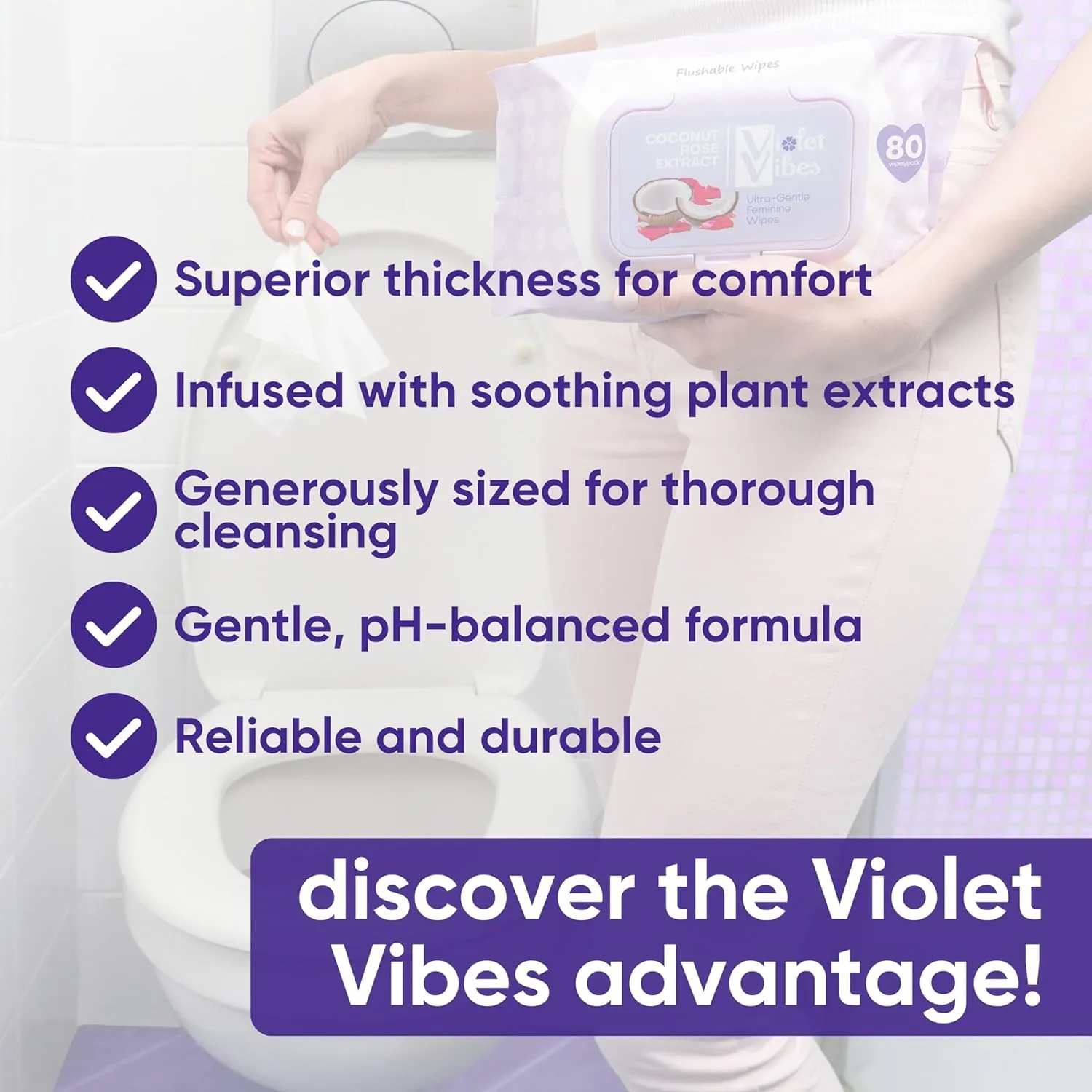 Violet Vibes Flushable Wipes for Women - Coconut Rose, 400 Count, Plant Based, Gentle on Sensitive Skin