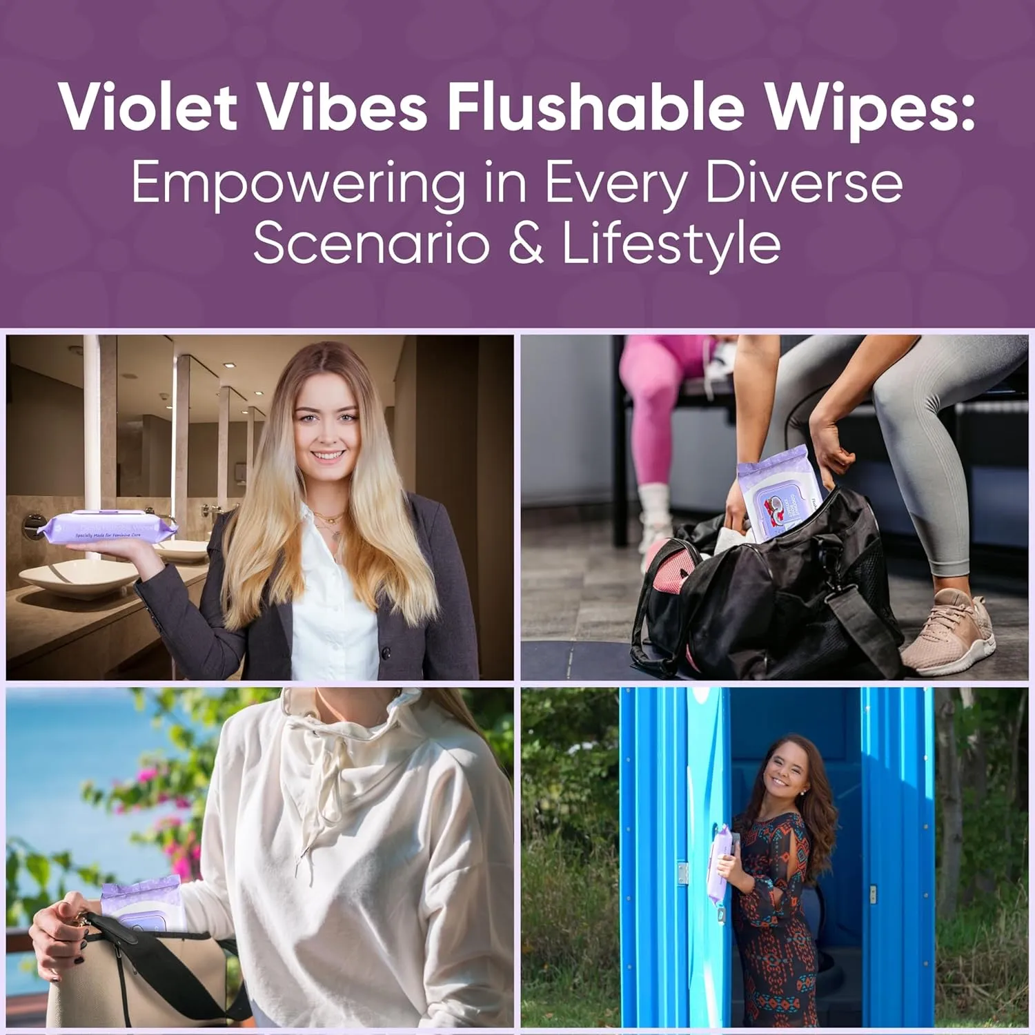 Violet Vibes Flushable Wipes for Women - Coconut Rose, 400 Count, Plant Based, Gentle on Sensitive Skin