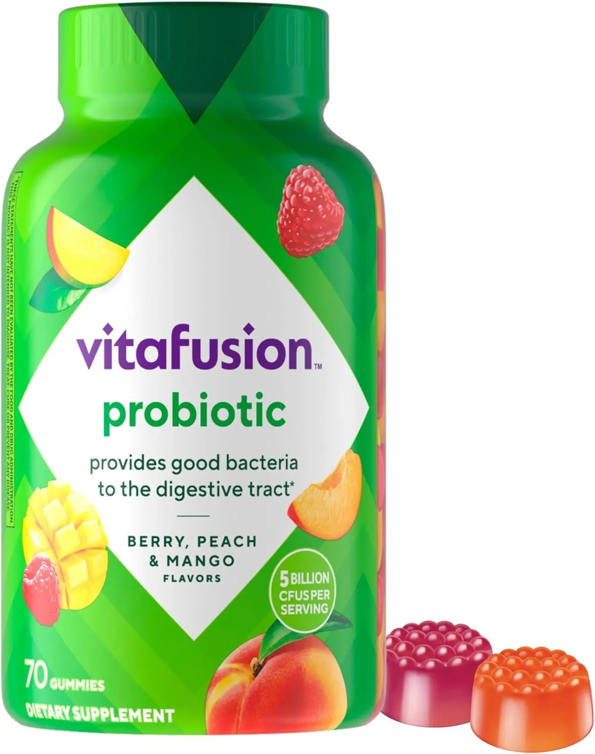 Vitafusion Probiotic Gummy Supplements, Raspberry, Peach and Mango Flavors, Probiotic Nutritional Supplements with 5 Billion CFUs, America’s Number 1 Gummy Vitamin Brand, 35 Day Supply, 70 Count