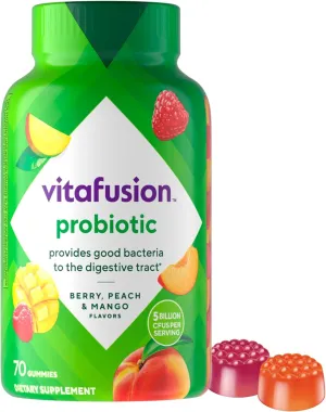 Vitafusion Probiotic Gummy Supplements, Raspberry, Peach and Mango Flavors, Probiotic Nutritional Supplements with 5 Billion CFUs, America’s Number 1 Gummy Vitamin Brand, 35 Day Supply, 70 Count