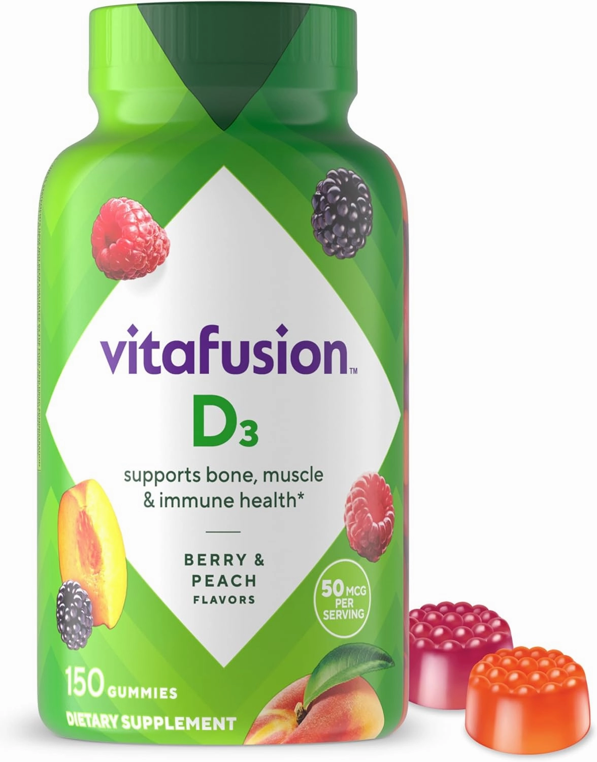 Vitafusion Vitamin D3 Gummy Vitamins for Bone and Immune System Support, Peach, Blackberry and Strawberry Flavored, 50 mcg Vitamin D, America’s Number 1 Gummy Vitamin Brand, 75 Day Supply, 150 Count