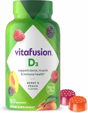 Vitafusion Vitamin D3 Gummy Vitamins for Bone and Immune System Support, Peach, Blackberry and Strawberry Flavored, 50 mcg Vitamin D, America’s Number 1 Gummy Vitamin Brand, 75 Day Supply, 150 Count