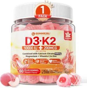 Vitamin D3 K2 Gummies 5000IU / 10,000 IU with 500mg Calcium   K2(MK-7) 200mcg, Magnesium, Vitamin C & Zinc, Extra Strength - Ultimate Absorbency for Bones, Muscles, Teeth, Vegan, 60 Count (Pack of 1)
