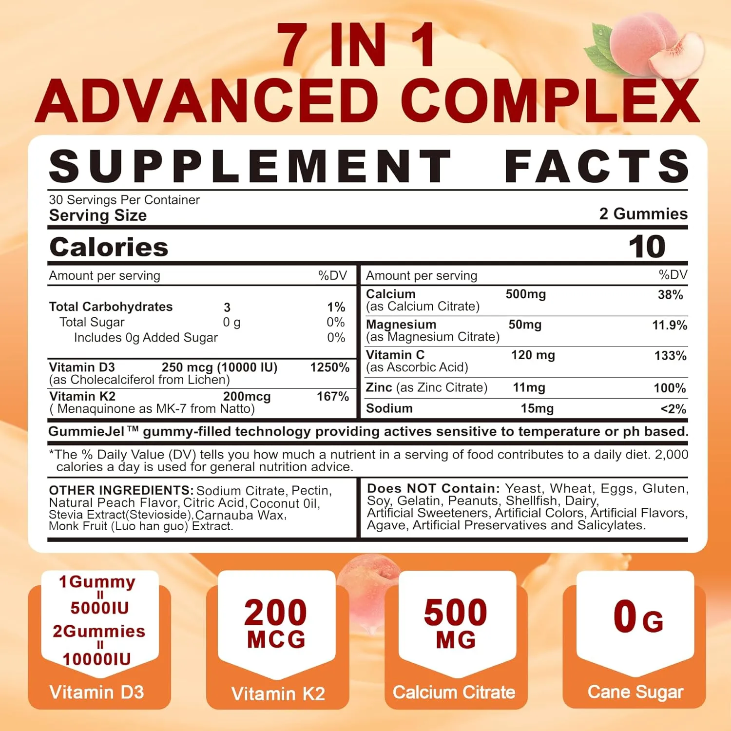 Vitamin D3 K2 Gummies 5000IU / 10,000 IU with 500mg Calcium   K2(MK-7) 200mcg, Magnesium, Vitamin C & Zinc, Extra Strength - Ultimate Absorbency for Bones, Muscles, Teeth, Vegan, 60 Count (Pack of 1)
