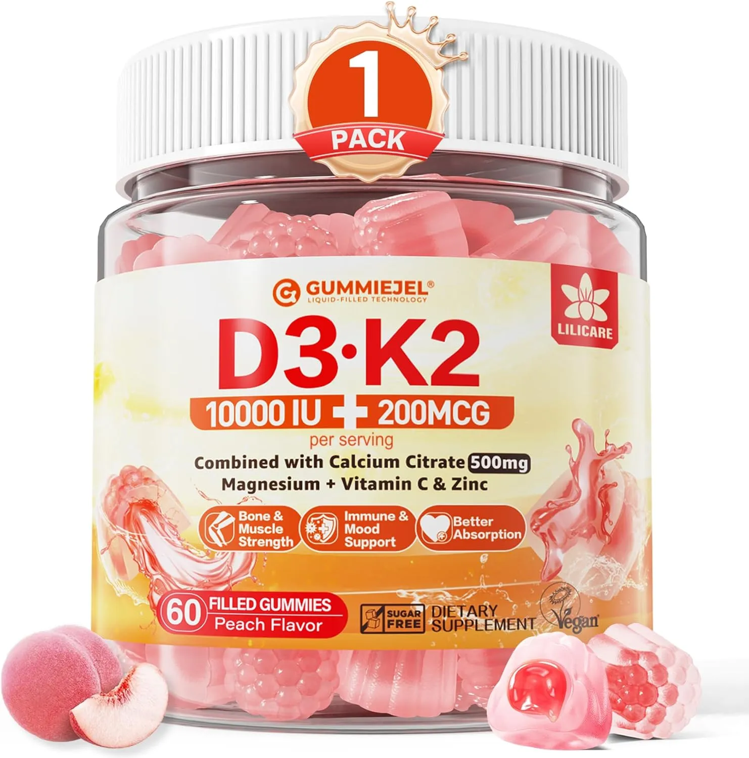 Vitamin D3 K2 Gummies 5000IU / 10,000 IU with 500mg Calcium   K2(MK-7) 200mcg, Magnesium, Vitamin C & Zinc, Extra Strength - Ultimate Absorbency for Bones, Muscles, Teeth, Vegan, 60 Count (Pack of 1)