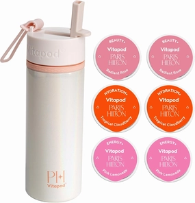 Vitapod Paris Hilton x Daily Wellness System - 22oz Pearlescent Water Bottle in Champagne Kiss & 6 Drink Mix Pod Sampler, Includes BEAUTY , HYDRATION , and ENERGY  Functional Drink Mix Pods