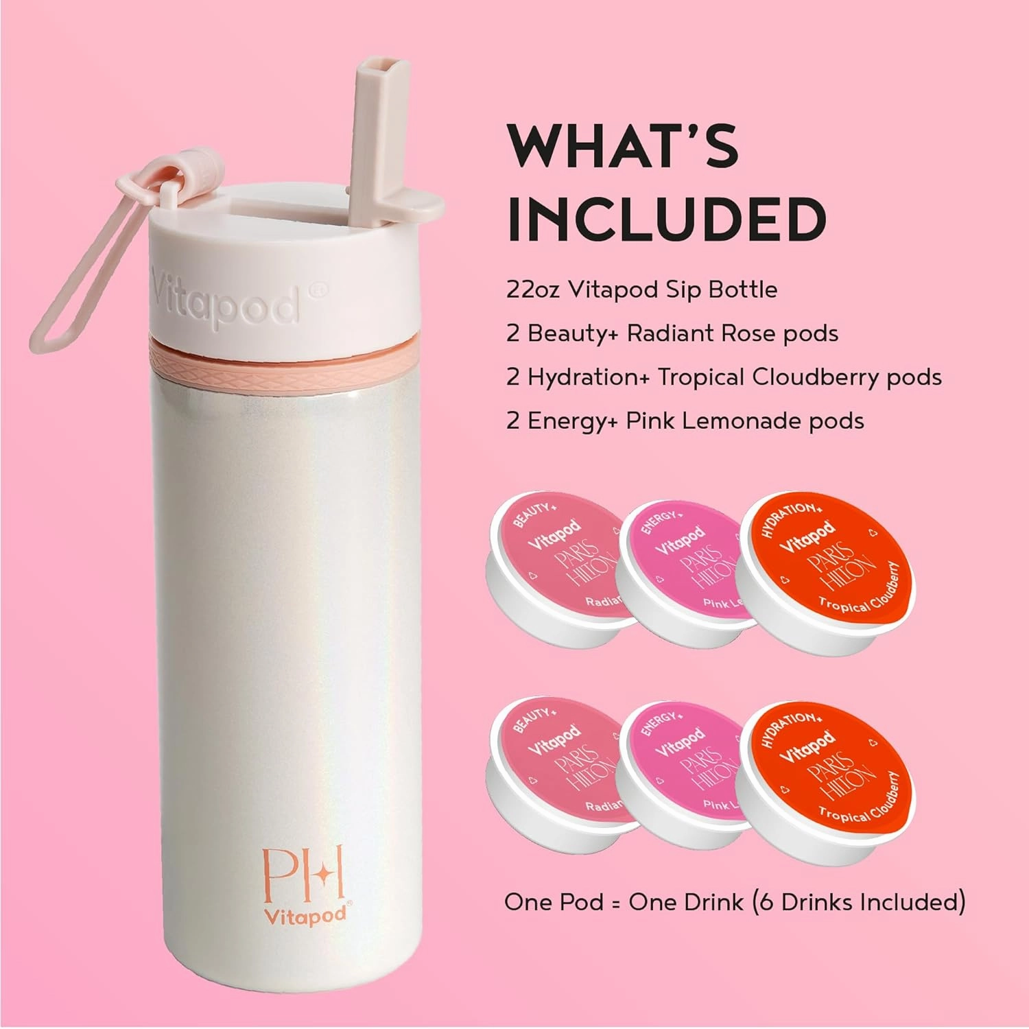 Vitapod Paris Hilton x Daily Wellness System - 22oz Pearlescent Water Bottle in Champagne Kiss & 6 Drink Mix Pod Sampler, Includes BEAUTY , HYDRATION , and ENERGY  Functional Drink Mix Pods