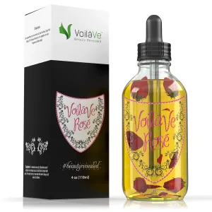 VoilaVe Organic Rose Oil for Face, Hair & Body - Hydrating Moisturizer for Dry Skin, Scalp, Nails & Cuticles - Reduces Wrinkles, Fine Lines, Scars - Infused with Rose Petals & Bergamot - 4 Fl Oz