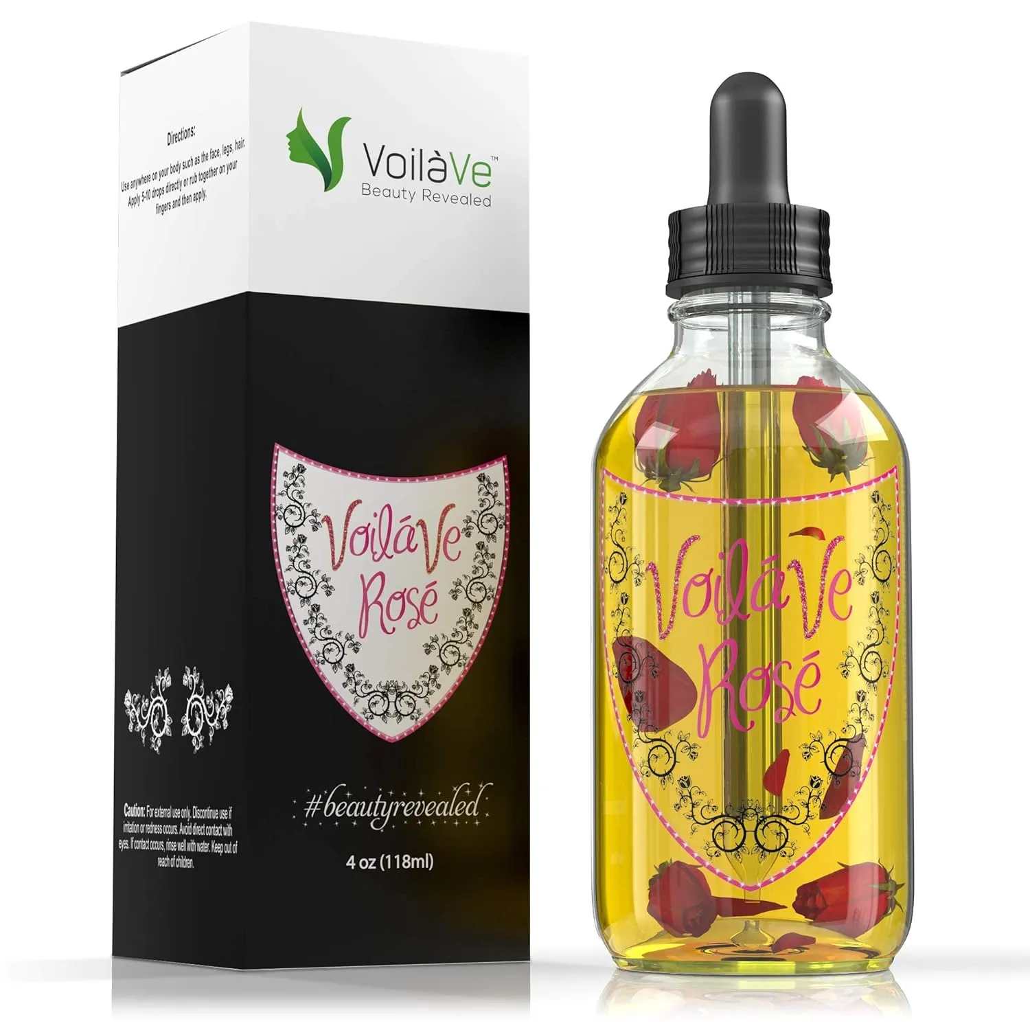 VoilaVe Organic Rose Oil for Face, Hair & Body - Hydrating Moisturizer for Dry Skin, Scalp, Nails & Cuticles - Reduces Wrinkles, Fine Lines, Scars - Infused with Rose Petals & Bergamot - 4 Fl Oz