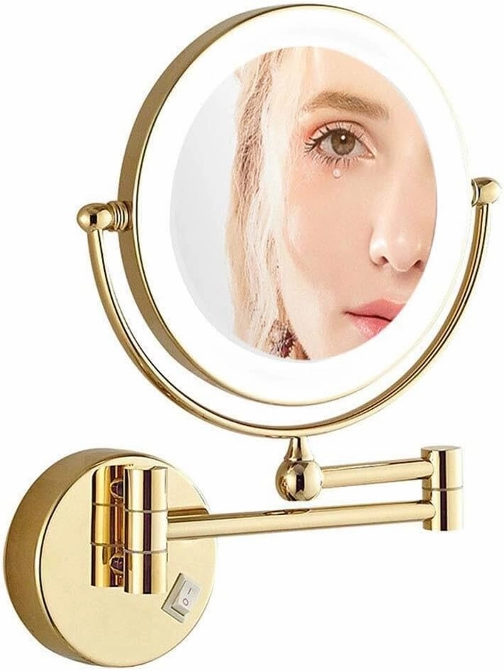 Wall Mounted Makeup Mirror with LED Light, Two-Sided Extendable, 360° Swivel, for Bathroom, Shaving, and Makeup